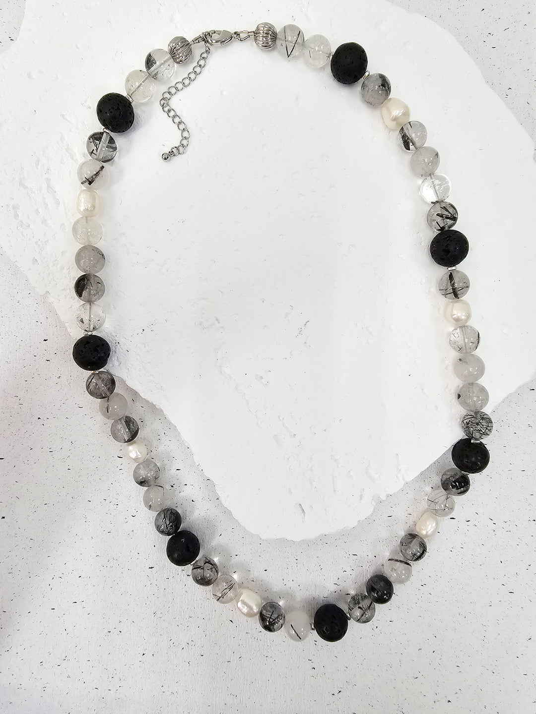 Black Rutilated Quartz With Lava Stone And Pearls Necklace MEN16