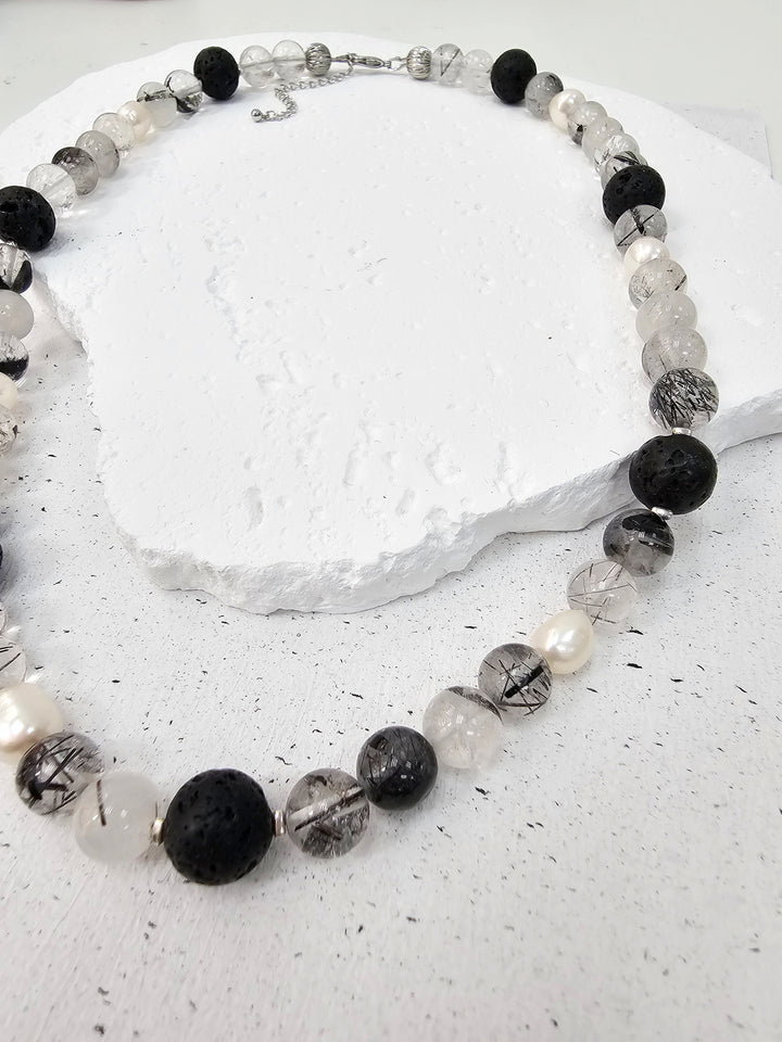 Black Rutilated Quartz With Lava Stone And Pearls Necklace MEN16