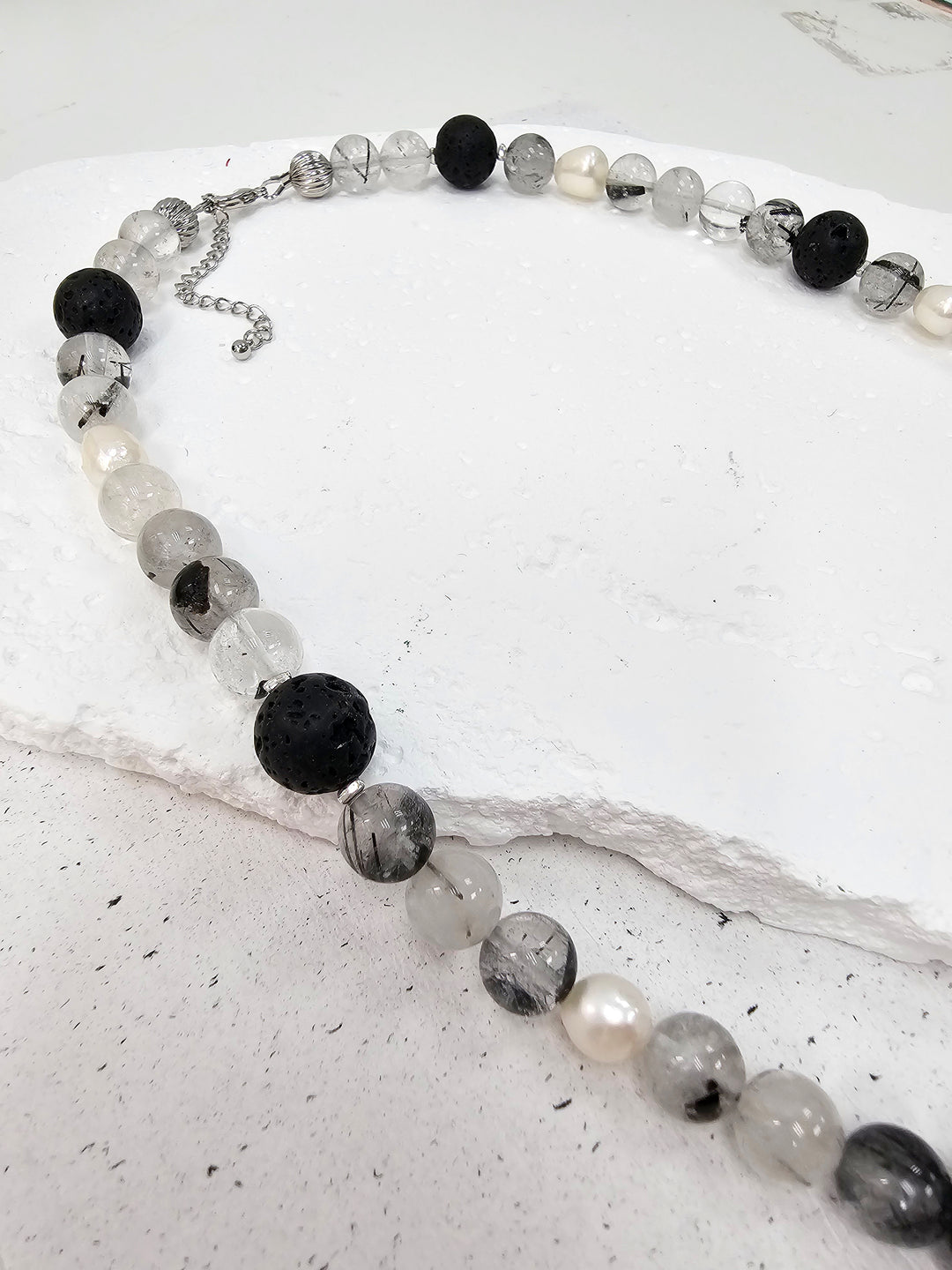 Black Rutilated Quartz With Lava Stone And Pearls Necklace MEN16