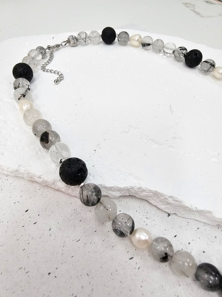 Black Rutilated Quartz With Lava Stone And Pearls Necklace MEN16
