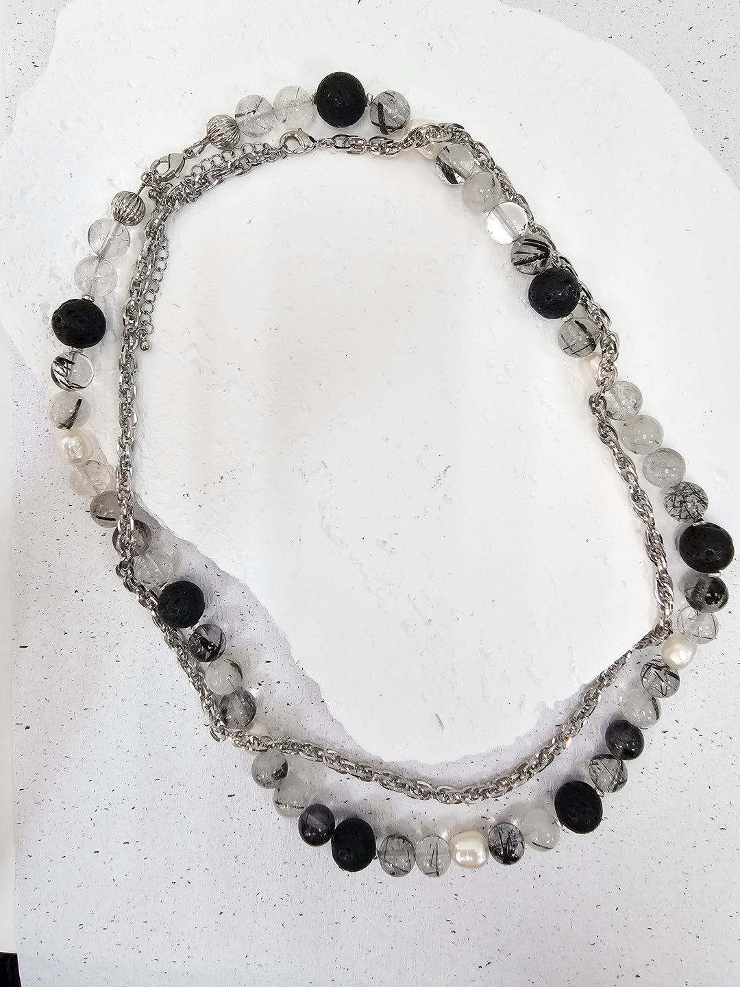 Black Rutilated Quartz With Lava Stone And Pearls Necklace MEN16