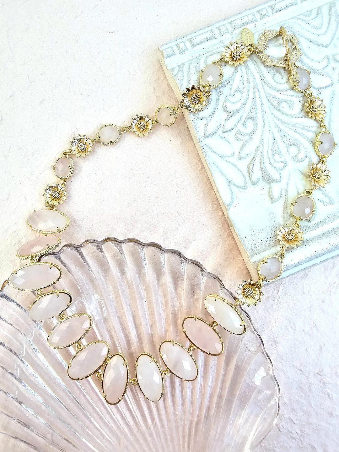 Rose Quartz With Flower Chain Statement Necklace PN038