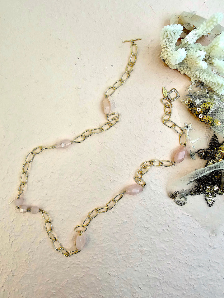 Nugget Rose Quartz With Chain Long Necklace PN036