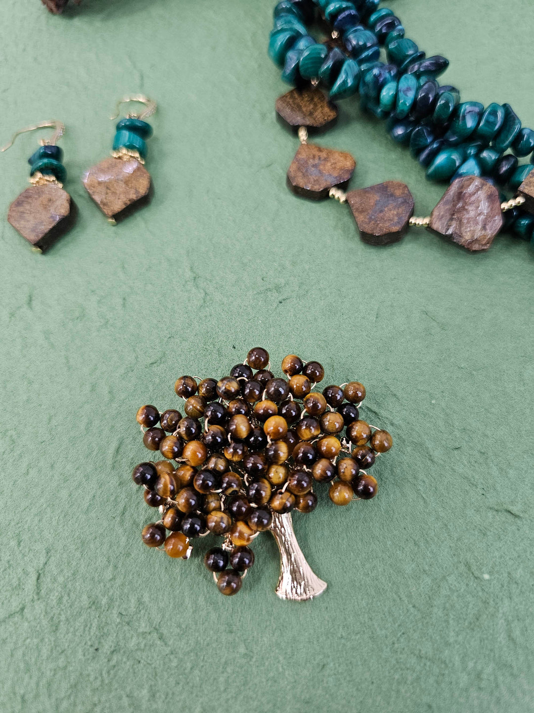 Handcrafted Tree Shape Tiger-eye Stone Brooch QP002