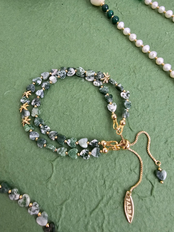 Green Dot Agate Double Layers Adjustable Bracelet QB010