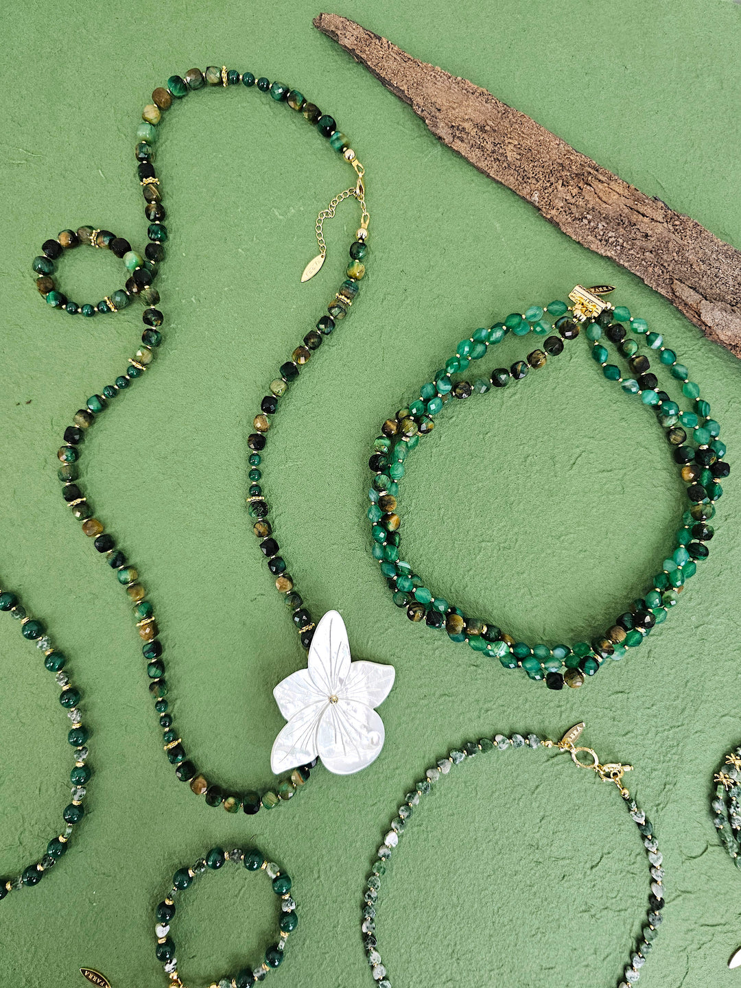 Green Cube Tiger-eye Stone With Giant Flower Shell Long Necklace QN019