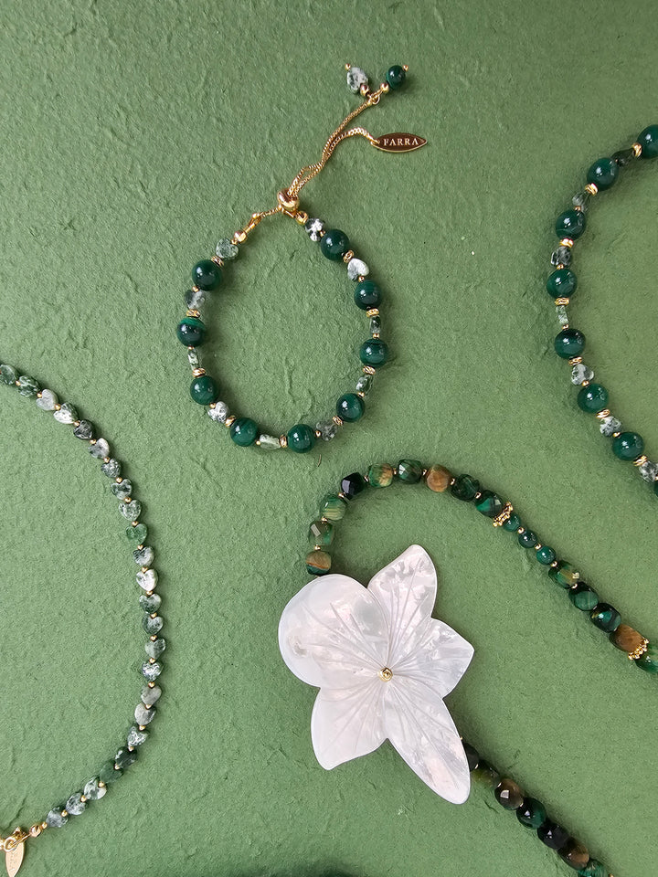 Green Cube Tiger-eye Stone With Giant Flower Shell Long Necklace QN019
