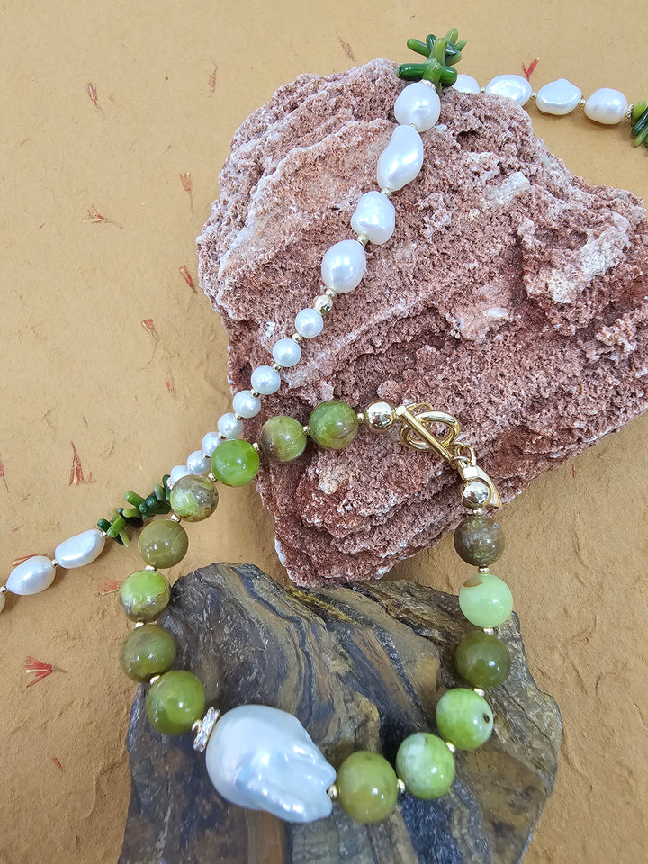 Green Opal With Baroque Pearl Bracelet QB005
