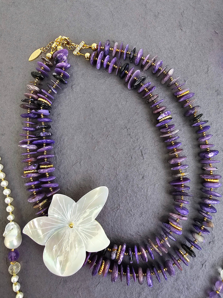 Purple Charoite With Flower Giant Shell Pendant Double Layers Necklace QN025