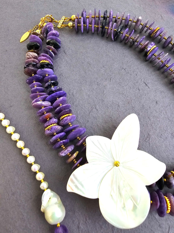 Purple Charoite With Flower Giant Shell Pendant Double Layers Necklace QN025