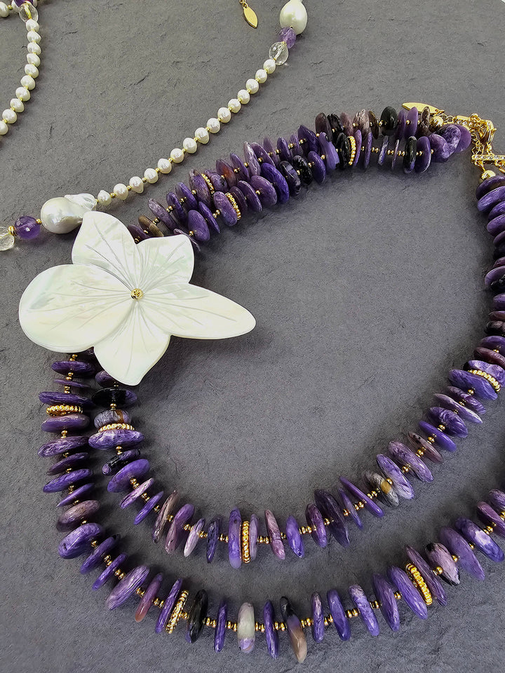 Purple Charoite With Flower Giant Shell Pendant Double Layers Necklace QN025