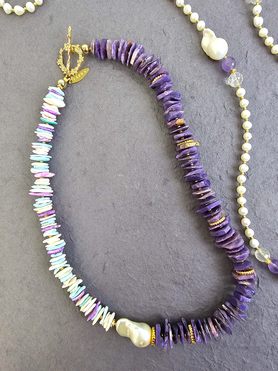Vibrant Purple Charoite and Colorful Shell with Baroque Pearl Necklace QN023