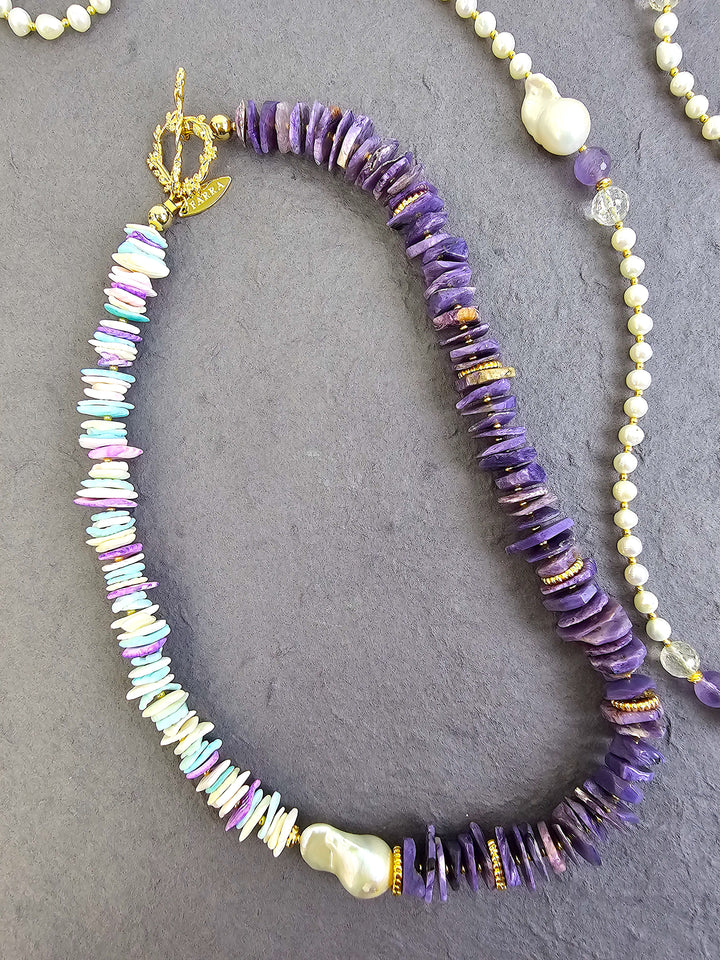 Vibrant Purple Charoite and Colorful Shell with Baroque Pearl Necklace QN023