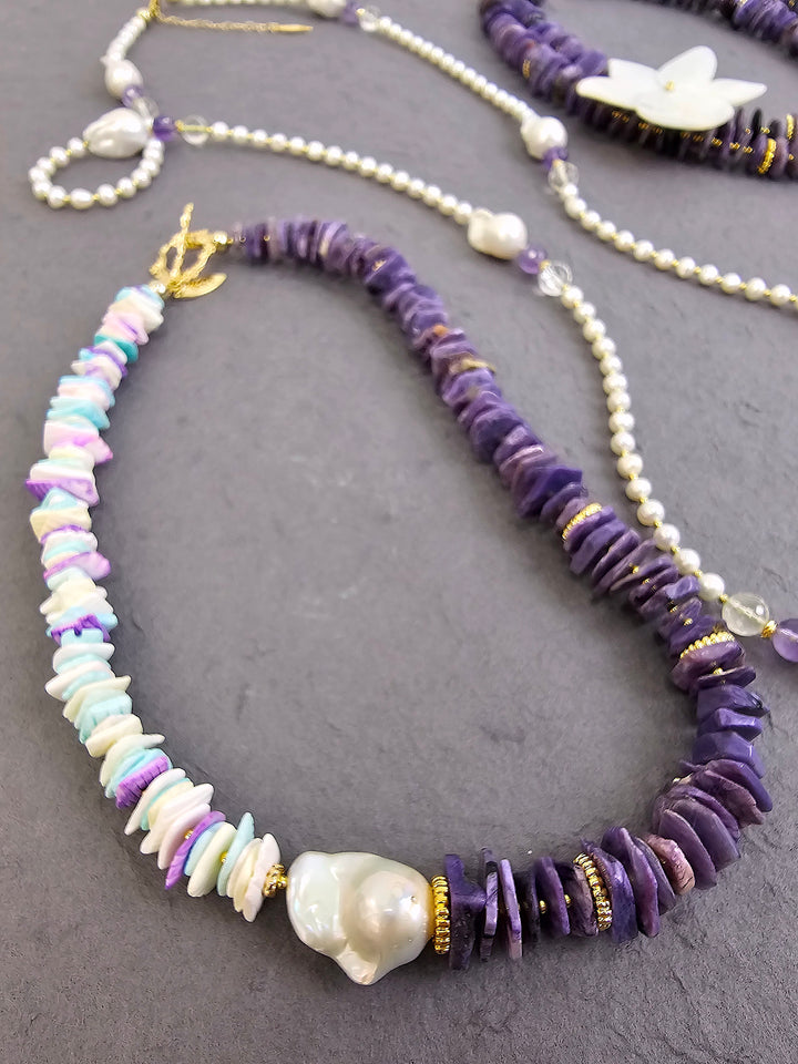 Vibrant Purple Charoite and Colorful Shell with Baroque Pearl Necklace QN023