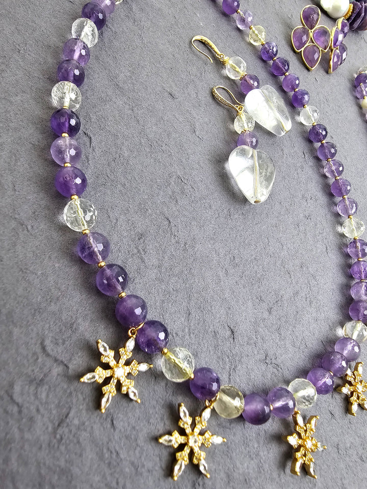 Amethyst With Snowflake Pendant Statement Necklace QN026