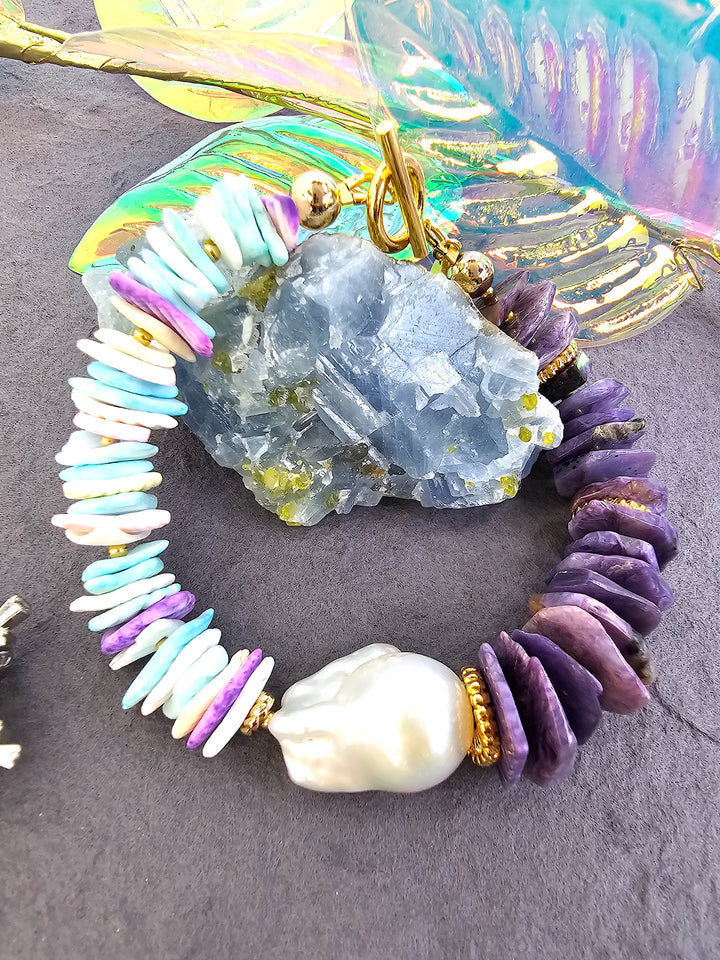 Purple Charoite And Colorful Shell With Baroque Pearl Bracelet QB011