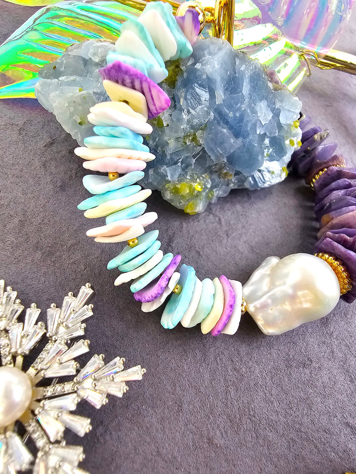 Purple Charoite And Colorful Shell With Baroque Pearl Bracelet QB011