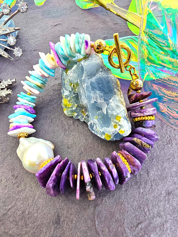 Purple Charoite And Colorful Shell With Baroque Pearl Bracelet QB011