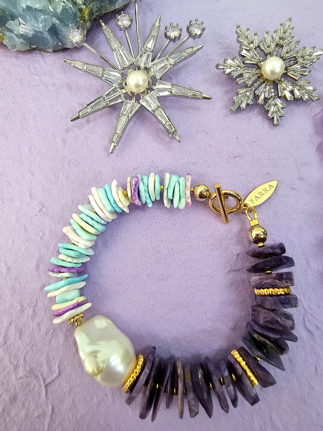 Purple Charoite And Colorful Shell With Baroque Pearl Bracelet QB011