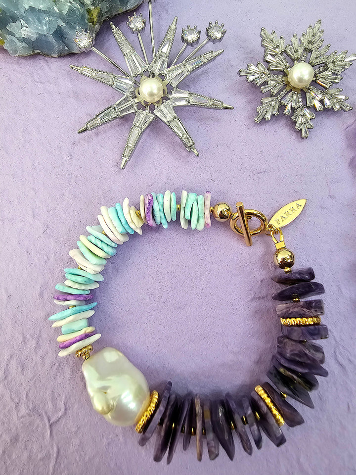 Purple Charoite And Colorful Shell With Baroque Pearl Bracelet QB011
