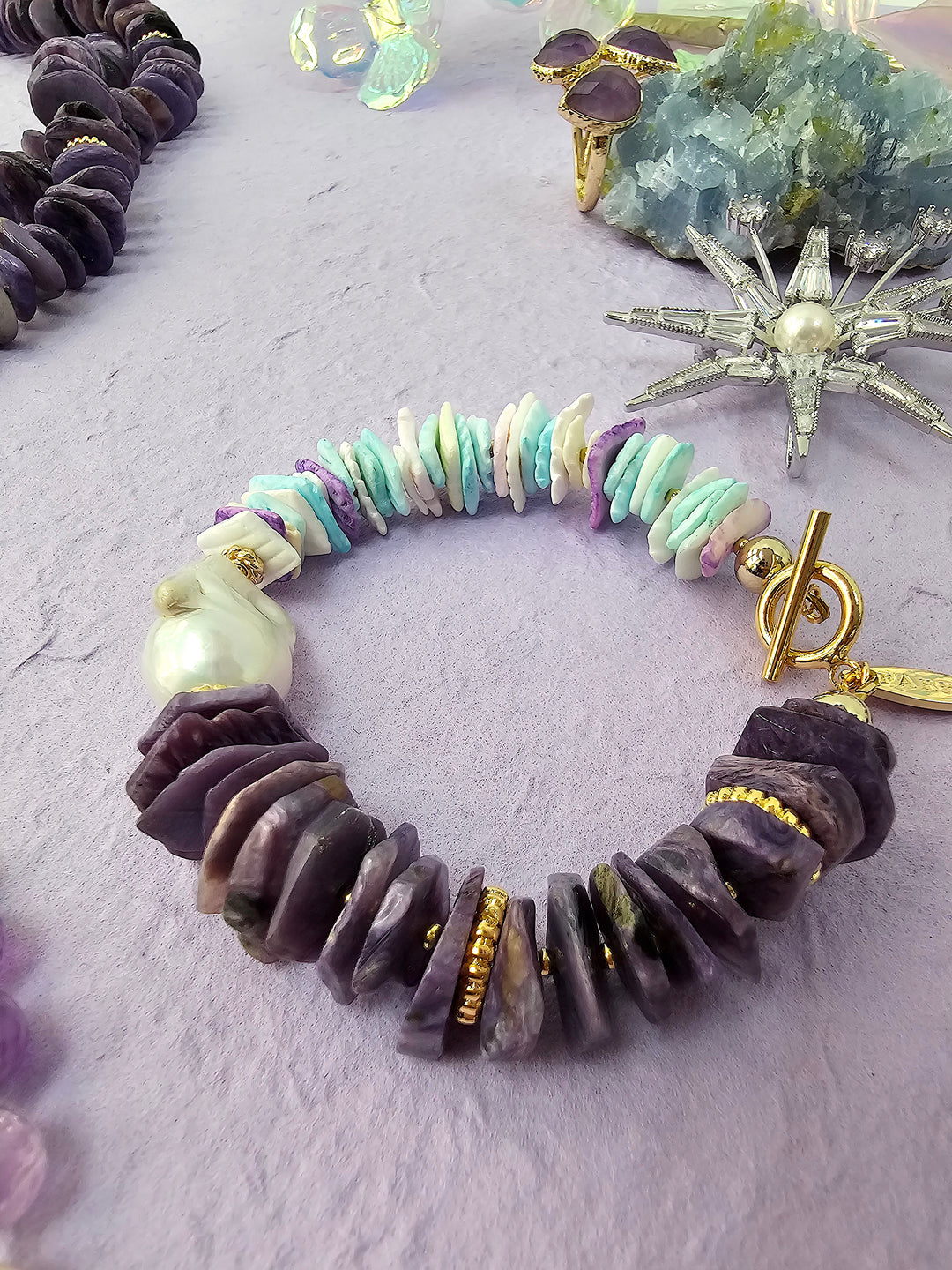 Purple Charoite And Colorful Shell With Baroque Pearl Bracelet QB011