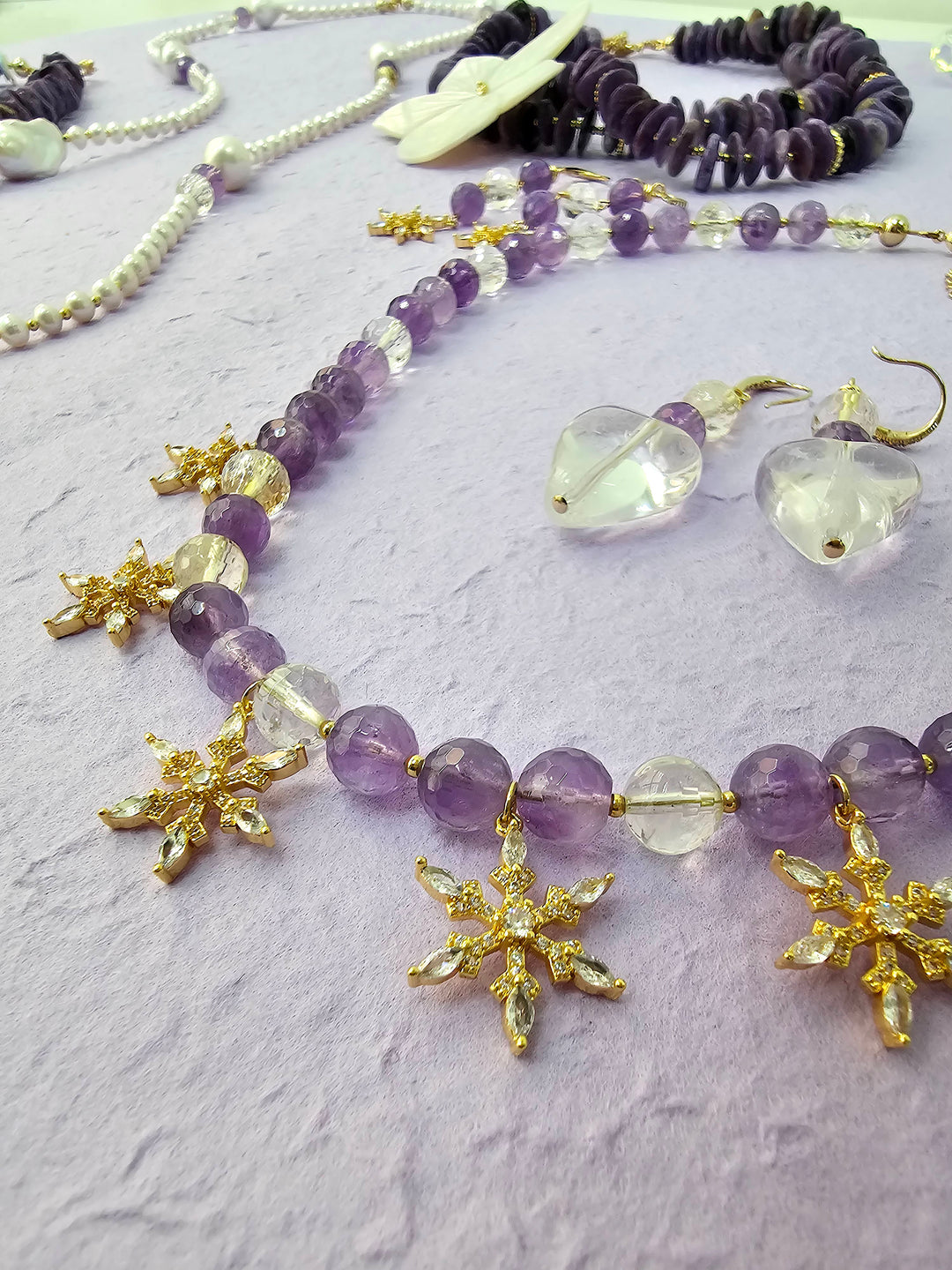 Amethyst With Snowflake Pendant Statement Necklace QN026