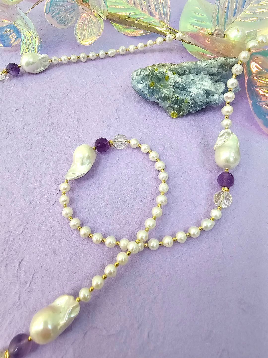 Baroque Pearls With Amethyst Long Necklace QN024
