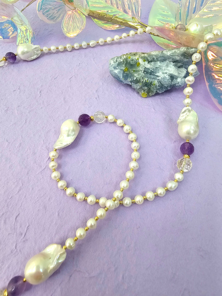 Baroque Pearls With Amethyst Long Necklace QN024