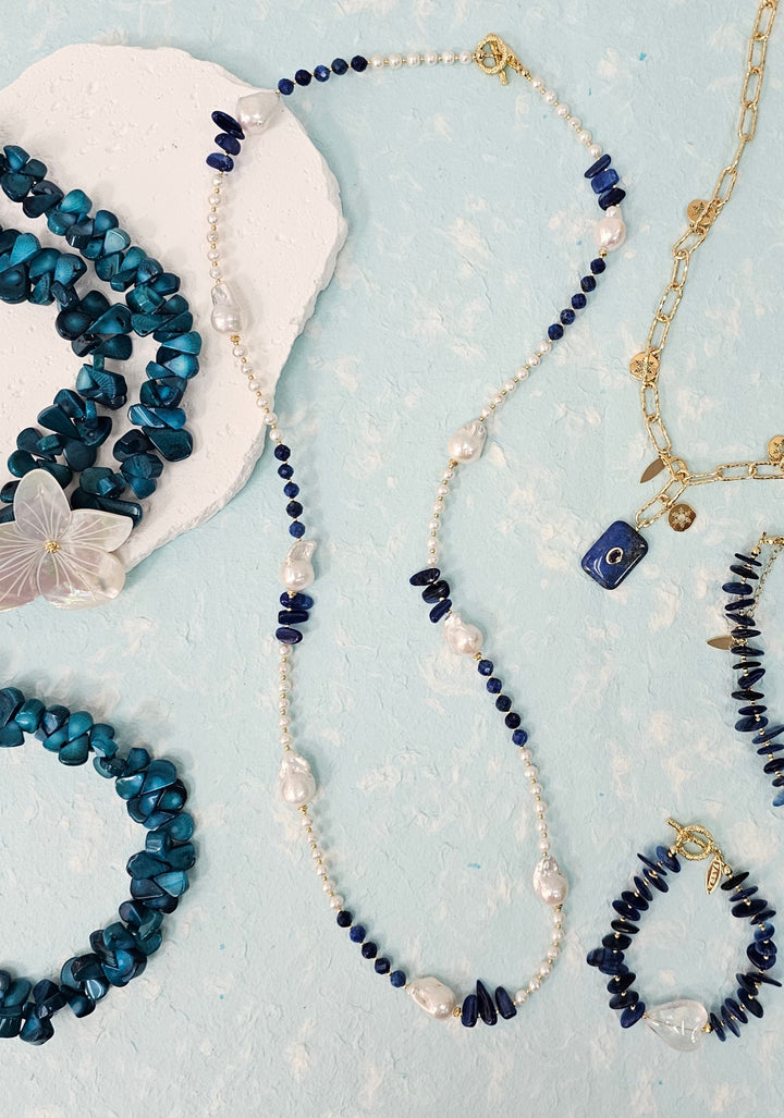 Baroque Pearls with Blue Lapis Long Necklace QN030