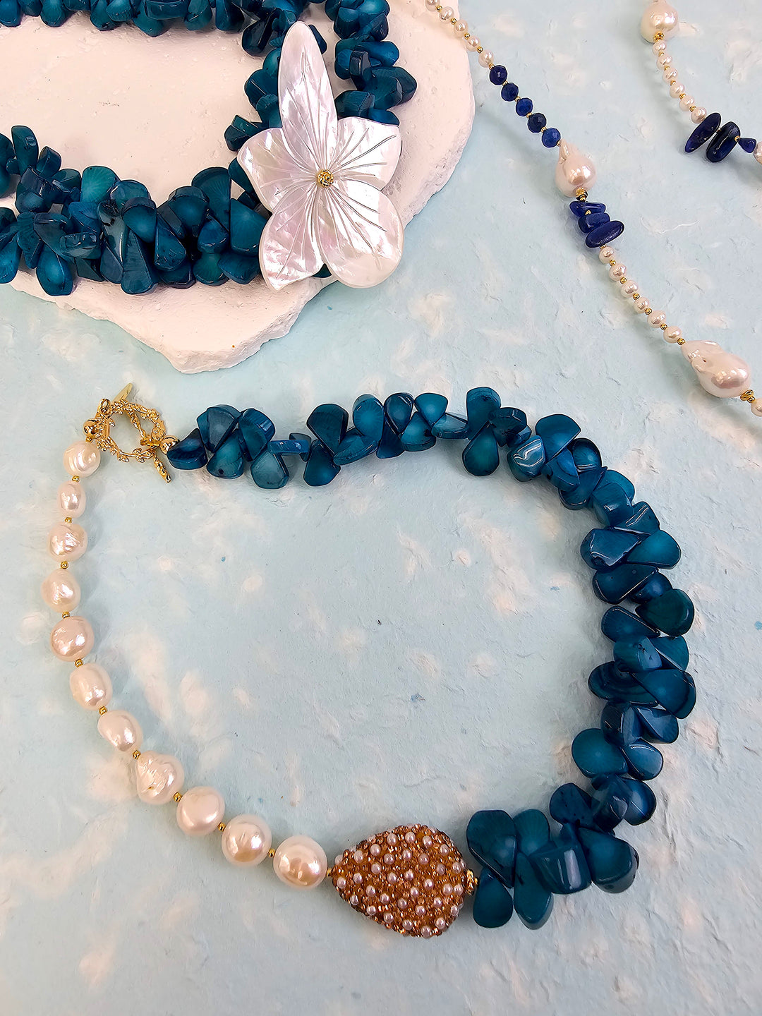 Freshwater Pearls & Floral Blue Bamboo Coral Necklace QN029