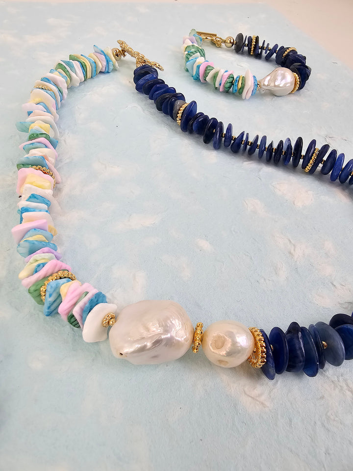 Lapis And Colorful Shell With Baroque Pearl Necklace QN033