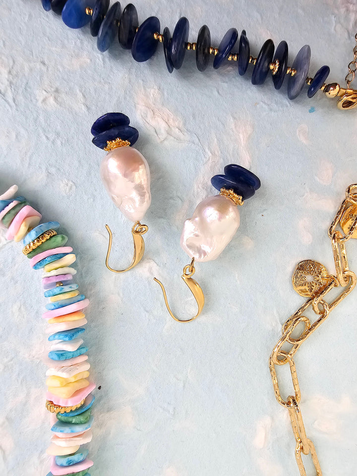 Elegant Baroque Pearl With Lapis Earrings QE016