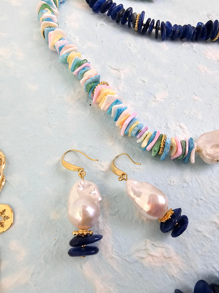 Elegant Baroque Pearl With Lapis Earrings QE016