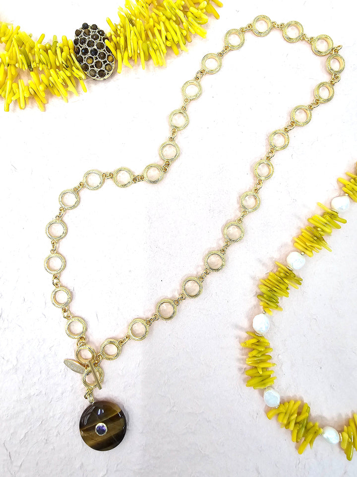Tiger-eye Stone Pendant Y-shaped Necklace QN004