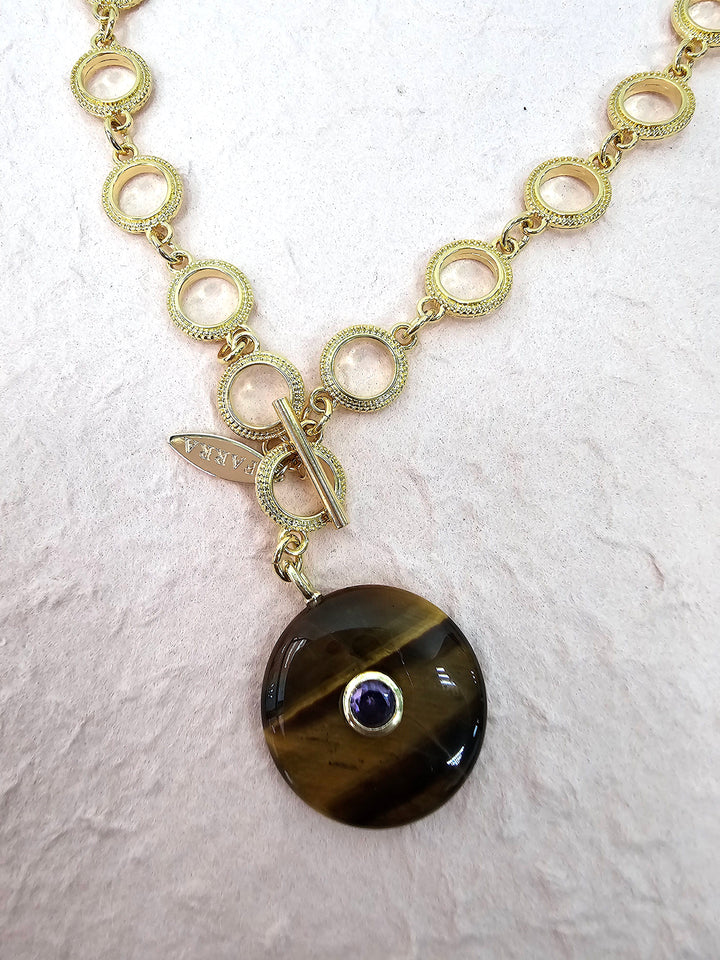 Tiger-eye Stone Pendant Y-shaped Necklace QN004