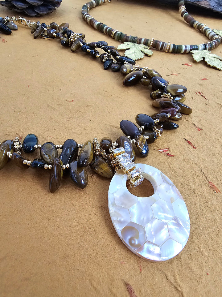 Classical Tigereye With Shell Pendant Necklace QN006