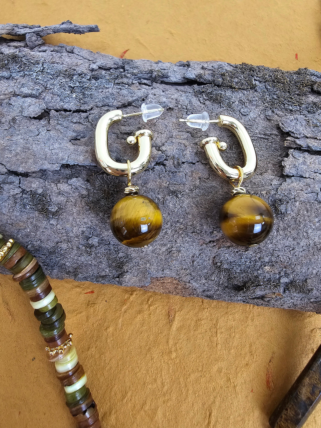 Tiger-eye Stone Dangle Modern Hoop Earrings QE006