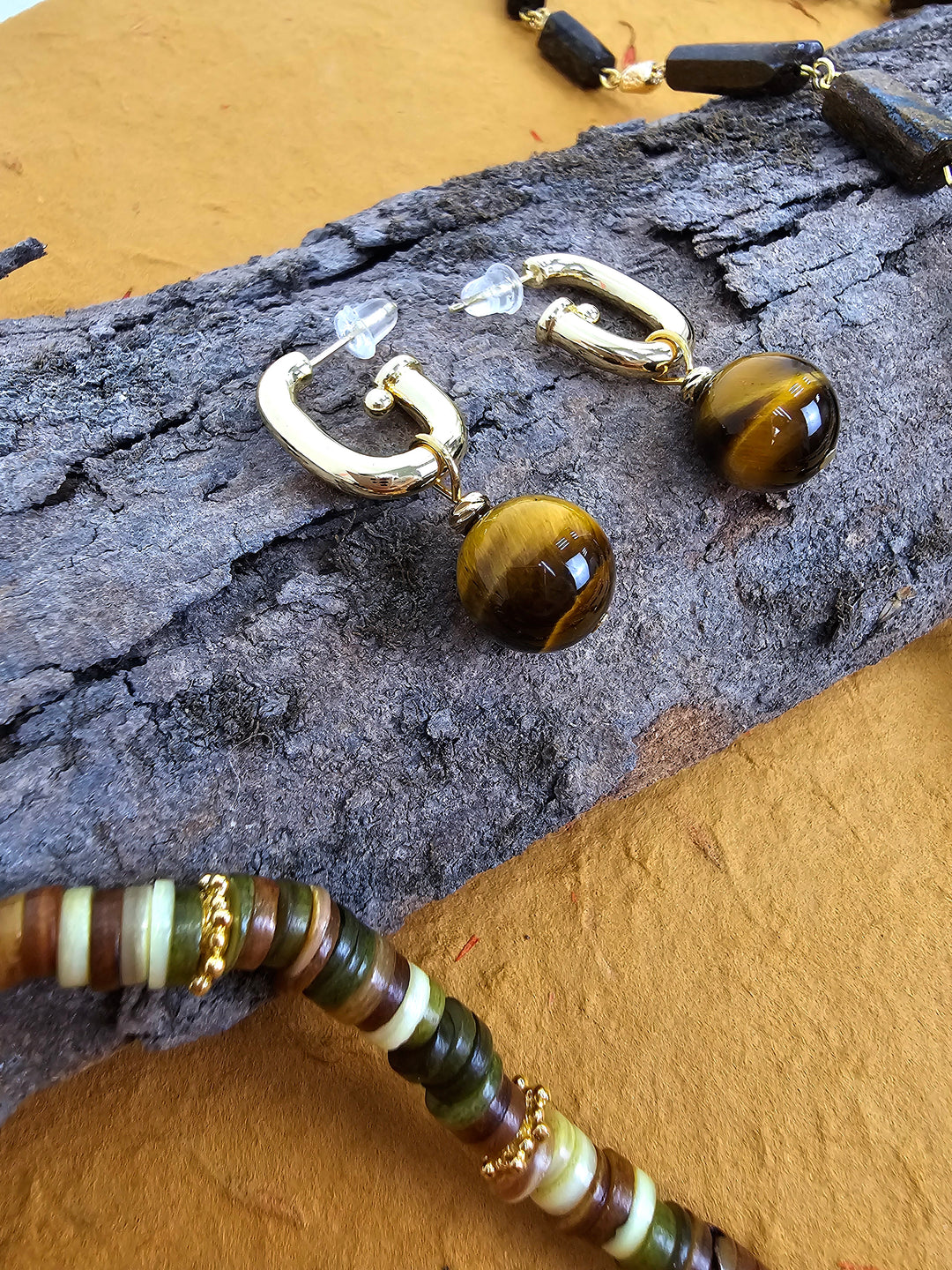Tiger-eye Stone Dangle Modern Hoop Earrings QE006