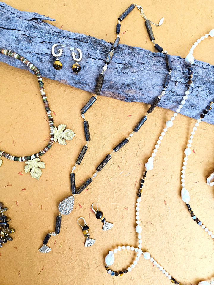 Y Shaped Tiger-eye Stone With Rhinestone Tassel Necklace QN008