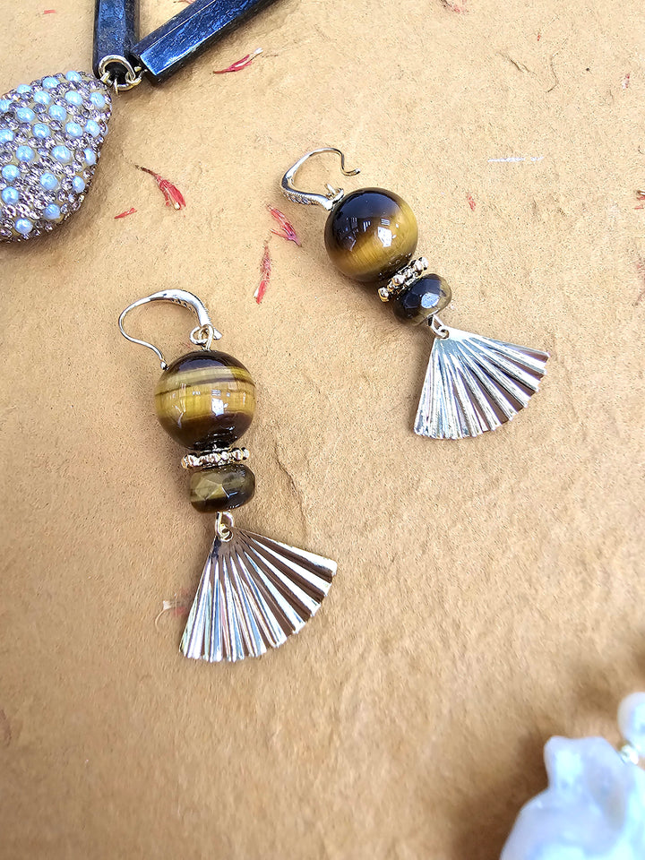 Elegance Tiger-eye Stone With Fan Dangle Earrings QE005