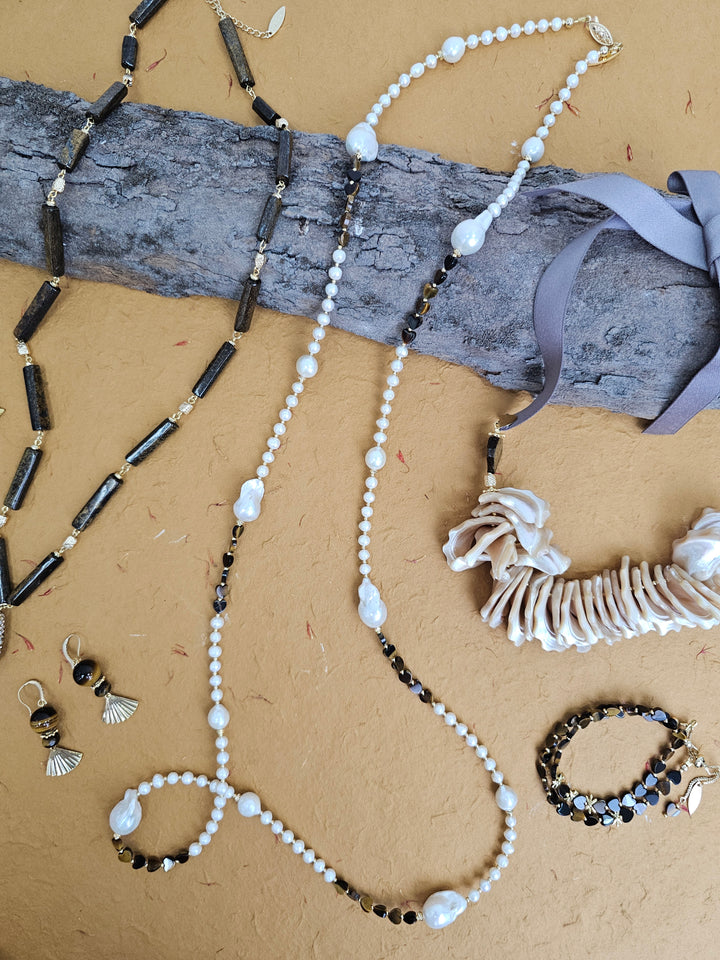 Baroque Freshwater Pearls With Heart Tiger-Eye Stone Long Necklace QN009