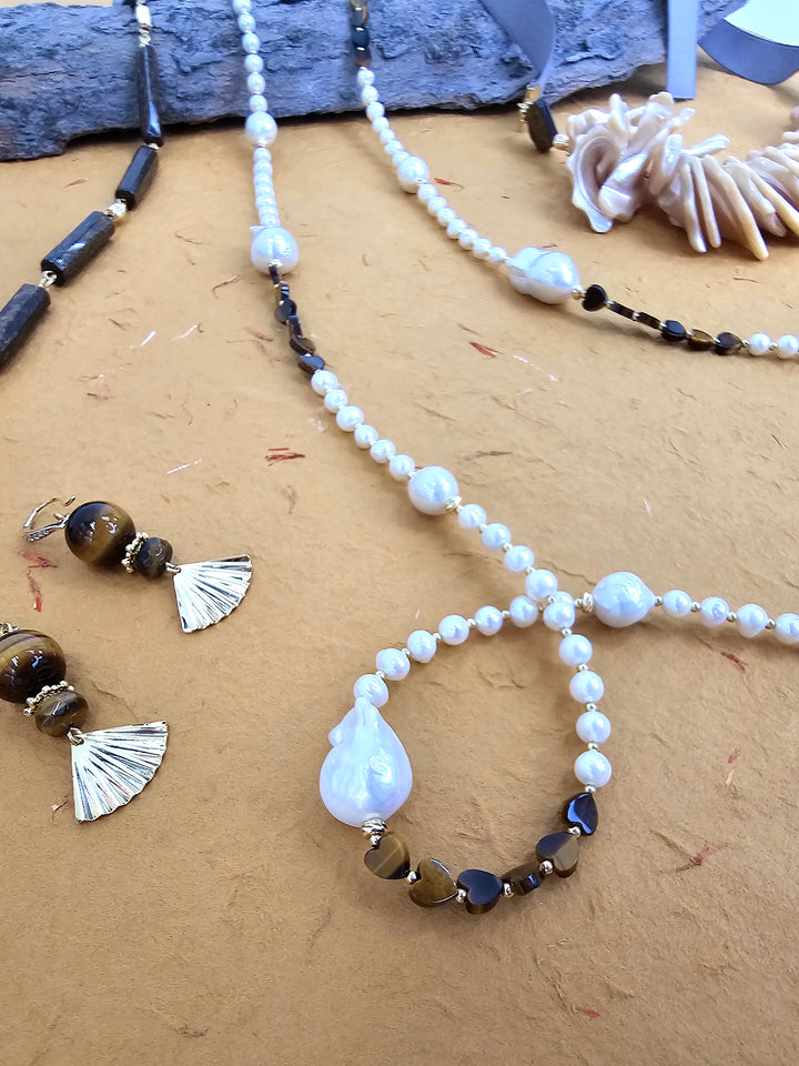 Baroque Freshwater Pearls With Heart Tiger-Eye Stone Long Necklace QN009