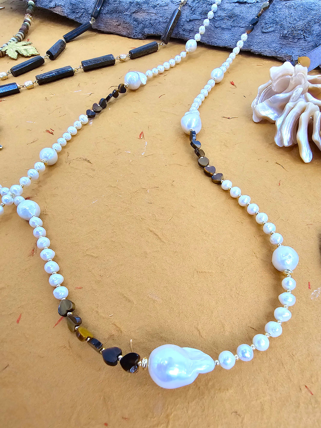 Baroque Freshwater Pearls With Heart Tiger-Eye Stone Long Necklace QN009