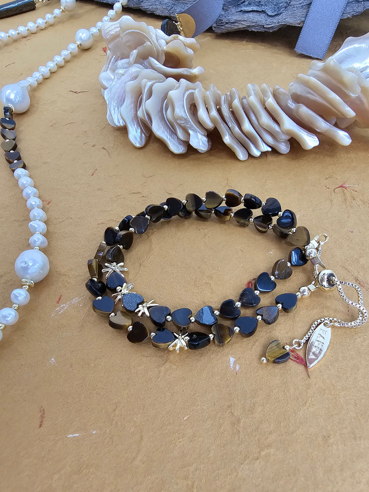 Heart Shaped Tiger-eye Stone Double Layers Bracelet QB002
