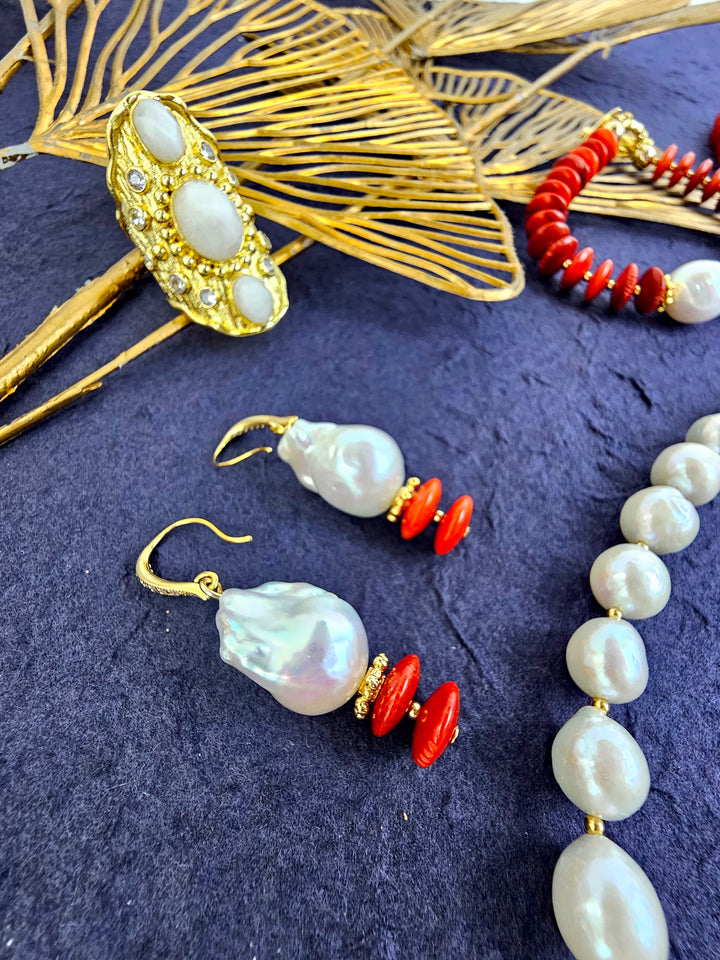 Baroque Pearl With Red Bamboo Coral Earrings QE019