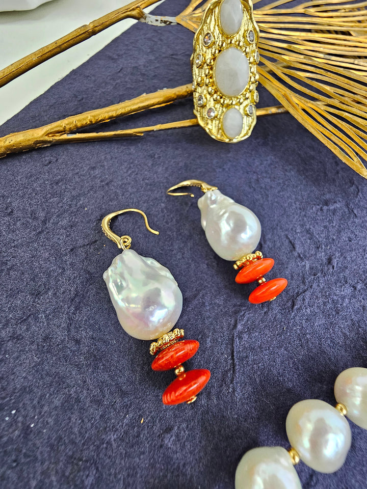 Baroque Pearl With Red Bamboo Coral Earrings QE019