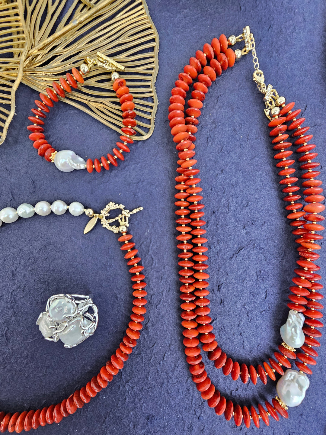 Sophisticated Red Bamboo Coral With Baroque Pearls Double Necklace QN035