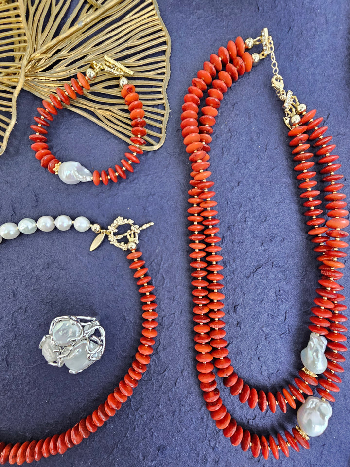 Sophisticated Red Bamboo Coral With Baroque Pearls Double Necklace QN035