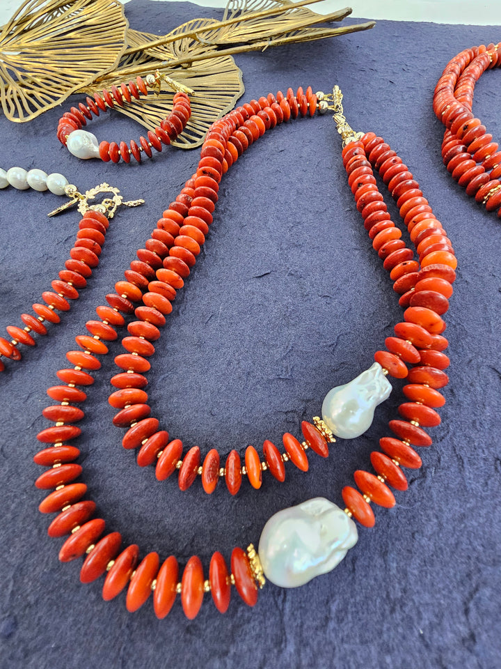 Sophisticated Red Bamboo Coral With Baroque Pearls Double Necklace QN035