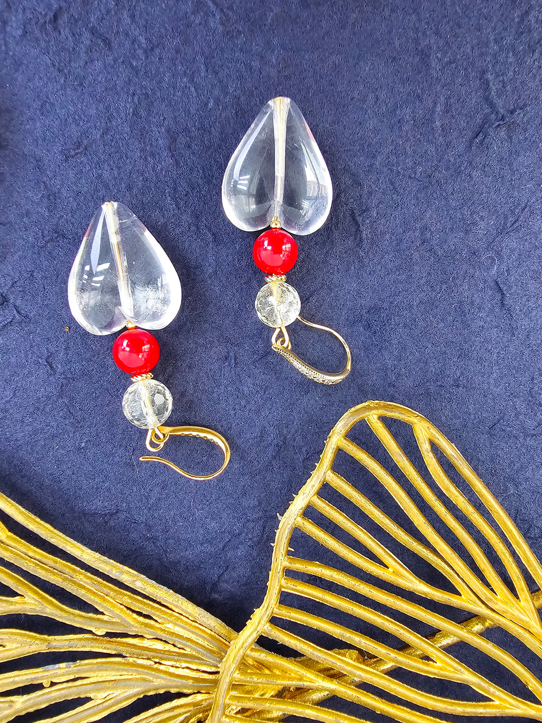 Heart White Quartz With Red Bamboo Coral Earrings QE021